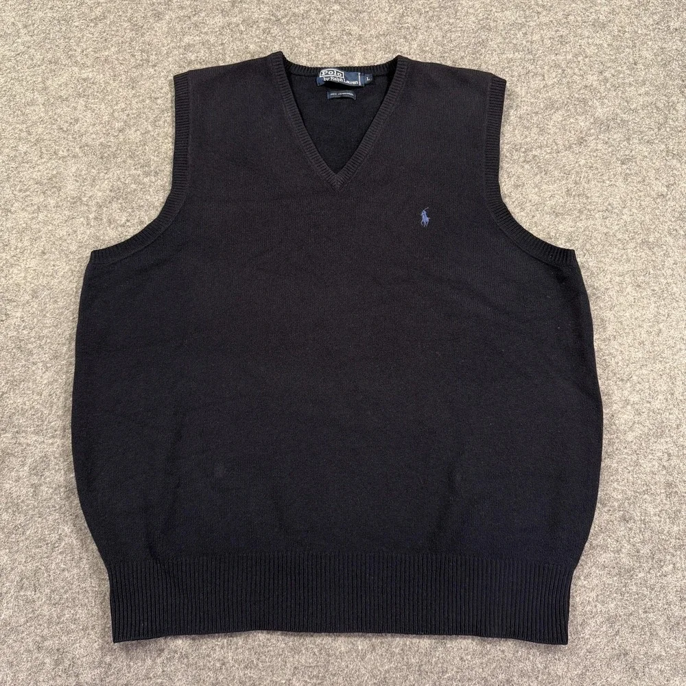 Polo Ralph Lauren Sweater Vest Mens‎ Large Navy 100% Lambswool V Neck Knit Logo